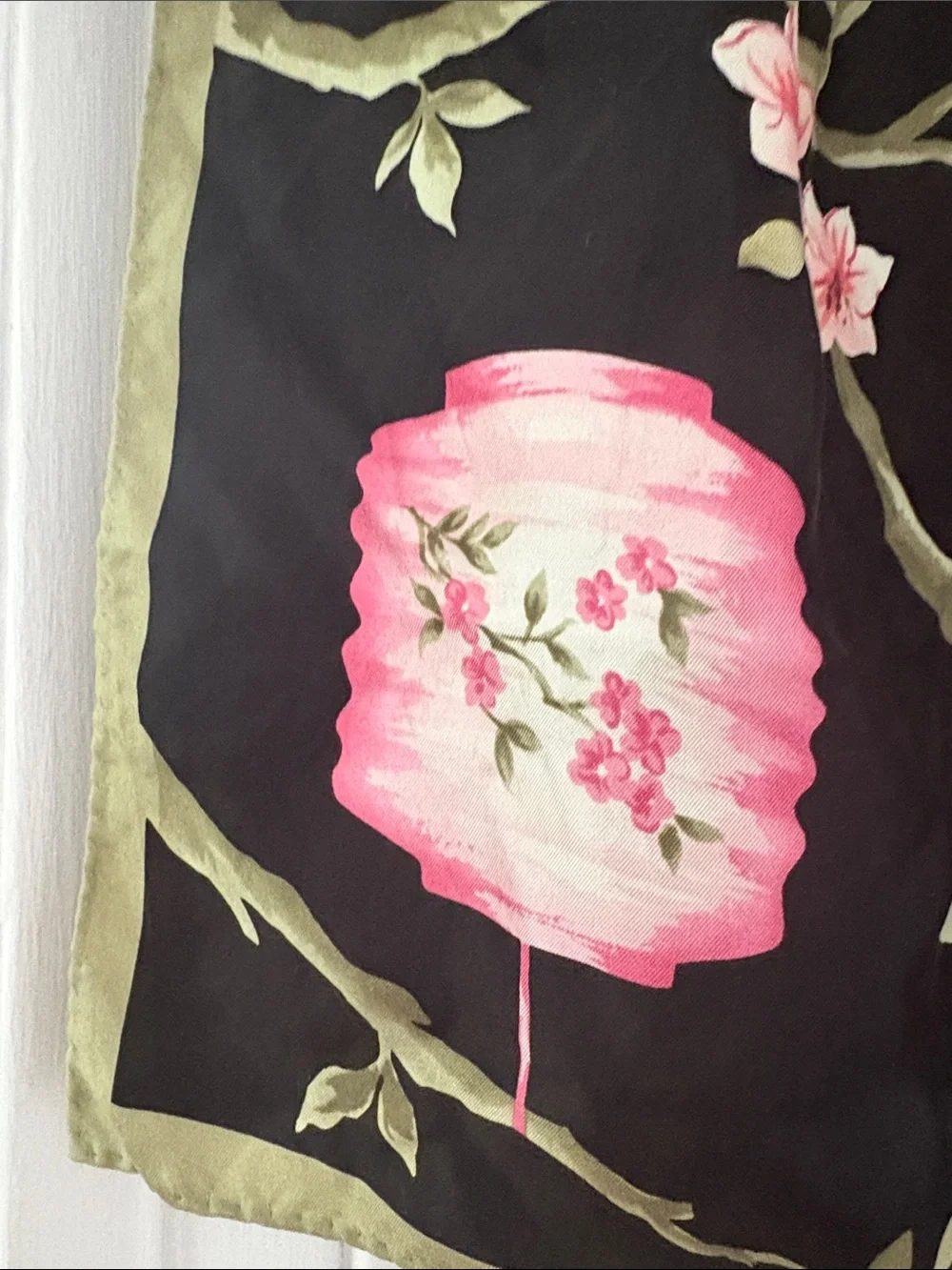 Talbots Black Floral Lantern Print Silk Scarf with Pink and Green Accents